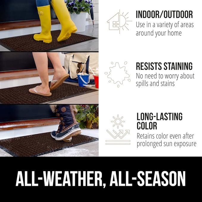 GORILLA GRIP 100% Waterproof All-Season WeatherMAX Doormat, 47x35, US Designed Natural Rubber, Stain and Fade Resistant, Low Profile Indoor Outdoor Door Mats, Easy Clean Patio Mat, Coffee Squares