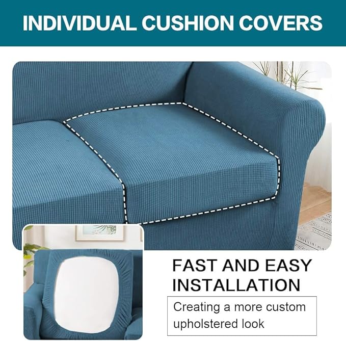 Turquoize 4 Piece Sofa Covers for 3 Cushion Couch Sofa Slipcover with Separate Cushion Couch Cover for Dogs Thick Soft Slipcover Washable Elastic Furniture Protector for Pets(XL Sofa,Dusty Blue)