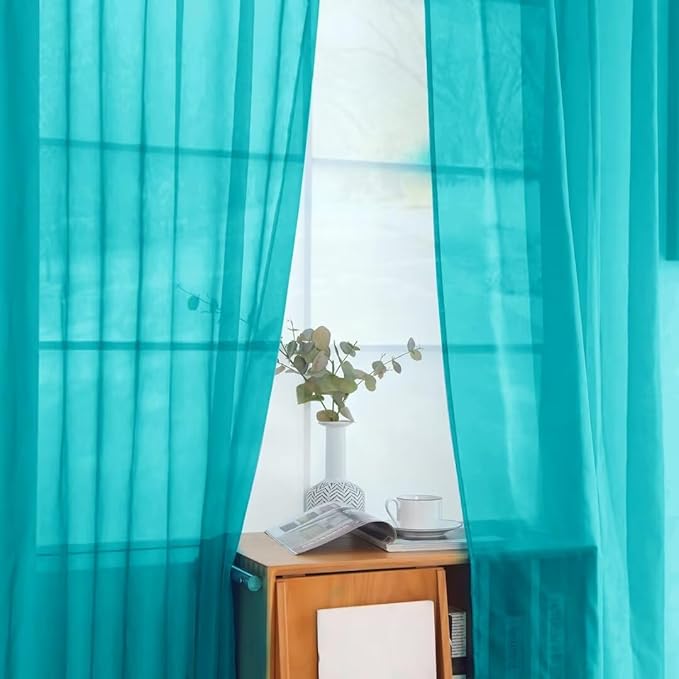 youleyar Solid Sheer Rod Pocket Curtain Voile Draperies 2 Panels White Beige Black Grey Coffee 52 Inch Width 54 Inch Long 1 Pair for Kitchen Bedroom Children Living Room Yard (Peacock Blue,52Wｘ54L)