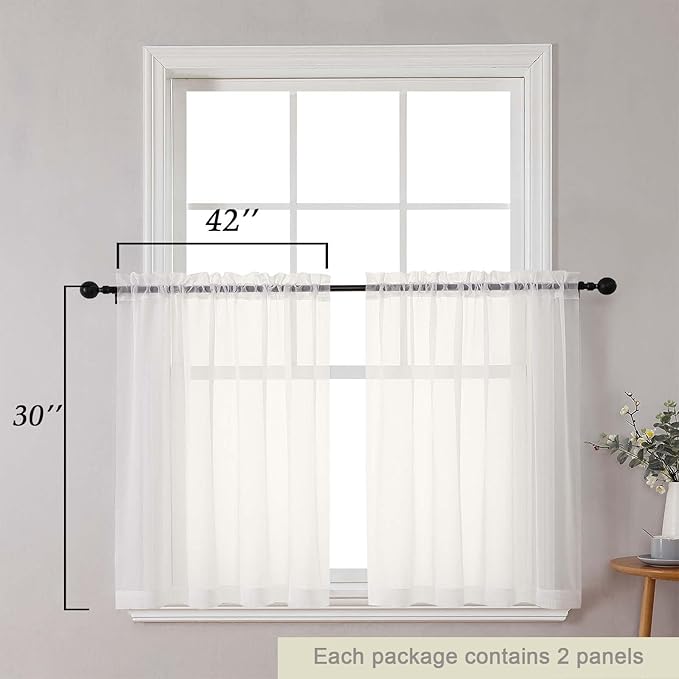 Ivory Kitchen Curtains 30 Inch Length Tier 2 PCS, Solid Soft Airy Half Curtains for Windows, Ivory Sheer Rod Pocket Drapes for Bathroom Basement Small Window, 42" Wx30 L Inches