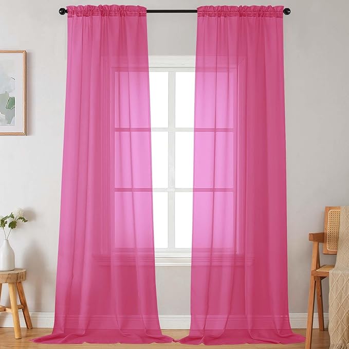 Extra Long Sheer Hot Pink Curtains for Bedroom Living Room 120 Inches Long 2 Panels Set, Solid Soft Light Filtering Rod Pocket Sheer Window Curtains, Hot Pink, Each 42" Wx120 L Inch