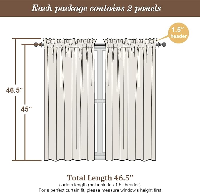 Chyhomenyc Ivory Sheer Window Curtain Panels 45 Inch, Set of 2, Light Filtering Solid Voile Curtains Drapes for Small Window/Living Room/Bedroom, Rod Pocket, 42W x 45L inches