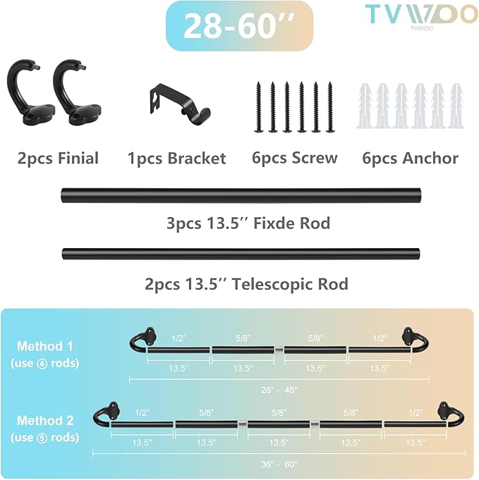 TVWOO Black Wrap Around Curtain Rods:5/8" Small Blackout Adjustable Window Curtain Rod for Bedroom Kitchen Apartment Renter Friendly,Room Darkening Curved Drapery Rods Easy Install,Matte Black 28-60"
