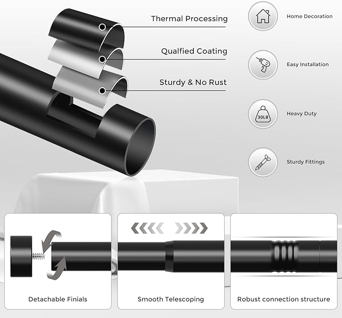 VOIIY Curtain Rods for Windows 28 to 48 Inch(1.5-5 Feet),Black 1'' Diameter Drapery Rods with End Cap Style Design,Modern Adjustable Heavy Duty Curtain Rod,Size:30''-60''