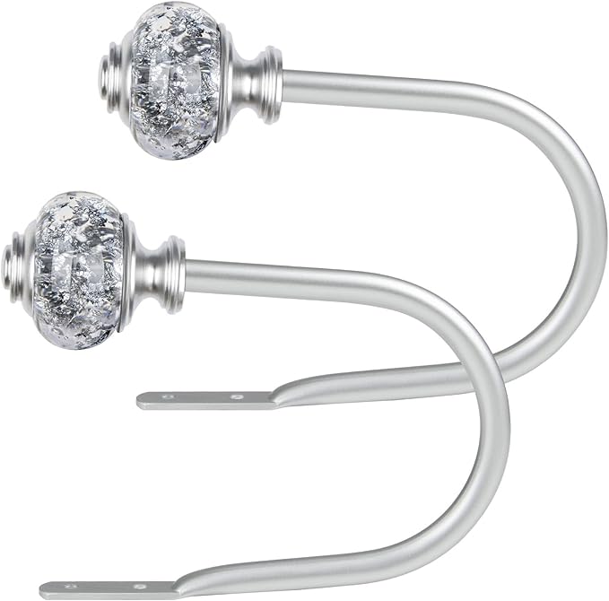 2 Pack Silver Curtain Holdbacks, USFOOK Decorative Drapery Tiebacks (2 Pack/1 Pair), Curtain Tie Back Hooks for Wall with Translucent Finials (6.1" L x 4.1" W)