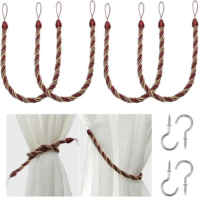 BEL AVENIR Curtain Rope Tiebacks, Drapery Rope Holdbacks with 4 Metal Screw Hooks (Mix red, 4pack)