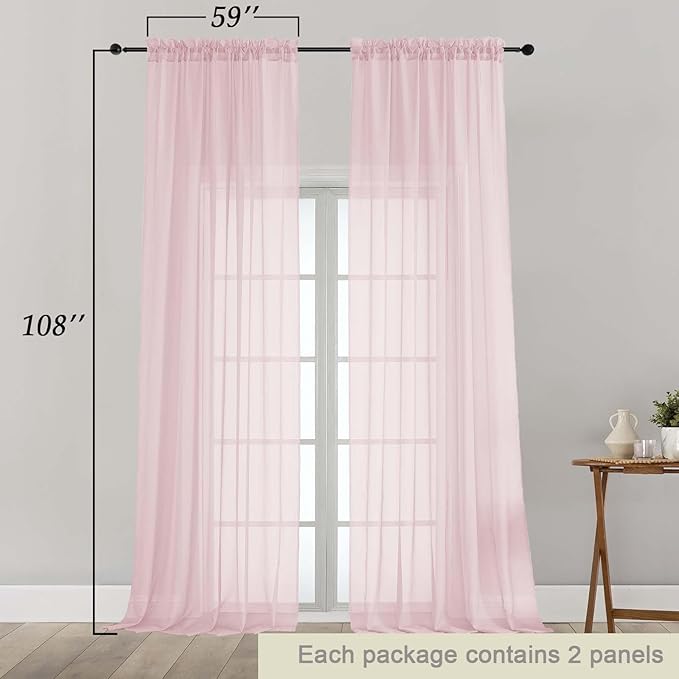 Extra Long Blush Sheer Curtains for Bedroom Living Room 108 Inches Long 2 Panels Set, Solid Soft Light Filtering Rod Pocket Sheer Window Curtains, Blush, Each 59" Wx108 L Inch