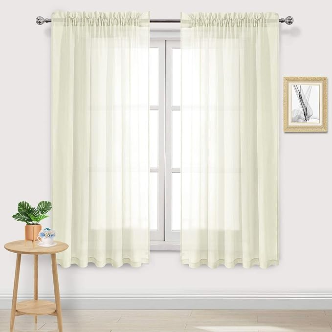 DWCN Ivory Sheer Curtains Semi Transparent Voile Rod Pocket Curtains for Bedroom and Living Room, 60 x 63 inches Long, Set of 2 Panels