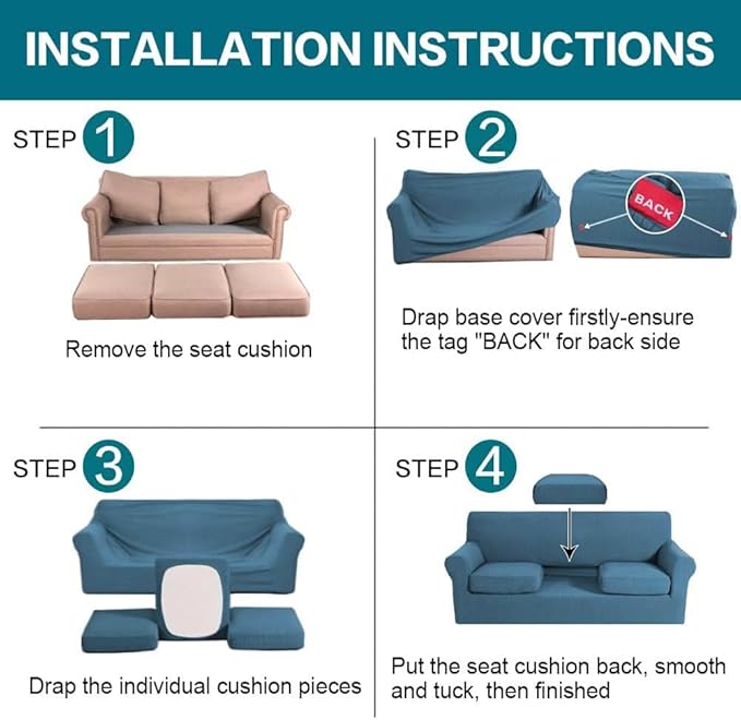 Turquoize 4 Piece Sofa Covers for 3 Cushion Couch Sofa Slipcover with Separate Cushion Couch Cover for Dogs Thick Soft Slipcover Washable Elastic Furniture Protector for Pets(XL Sofa,Dusty Blue)