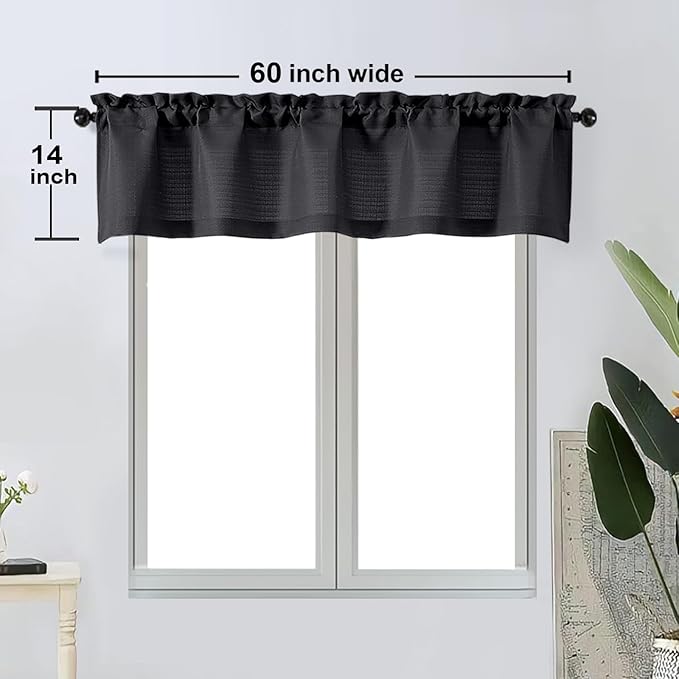 OWENIE Bob 1 PCS Black Valances for Windows, Faux Linen Textured Kitchen Window Curtains Valance for Bedroom Living Room, Modern Soft Airy Solid Rod Pocket Bathroom Cafe Curtain, 60Wx14L Inch