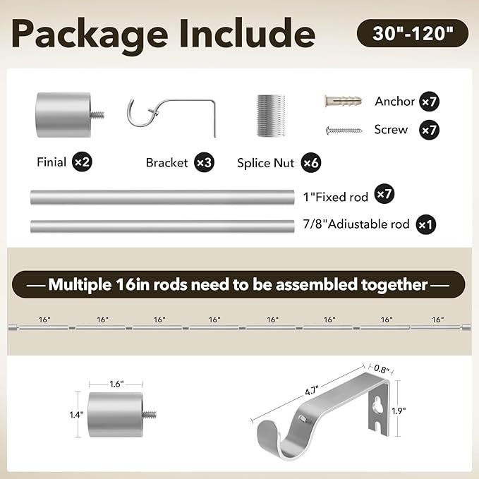 IFELS Heavy Duty Curtain Rods for Windows 66 to 120 Inch, 1 Inch Silver Curtain Rods for Outdoor, Farmhouse, Bedroom, Kitchen, Living Room, Adjustable Easy Install Drapery Rod (A2,Silver,30"-120")