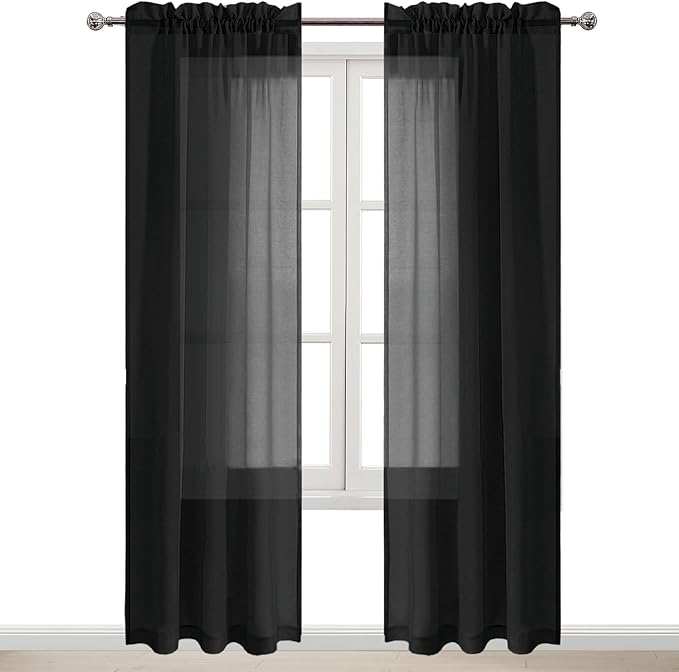 DWCN Black Sheer Curtains Semi Transparent Voile Rod Pocket Curtains for Bedroom and Living Room, 42 x 84 inches Long, Set of 2 Panels