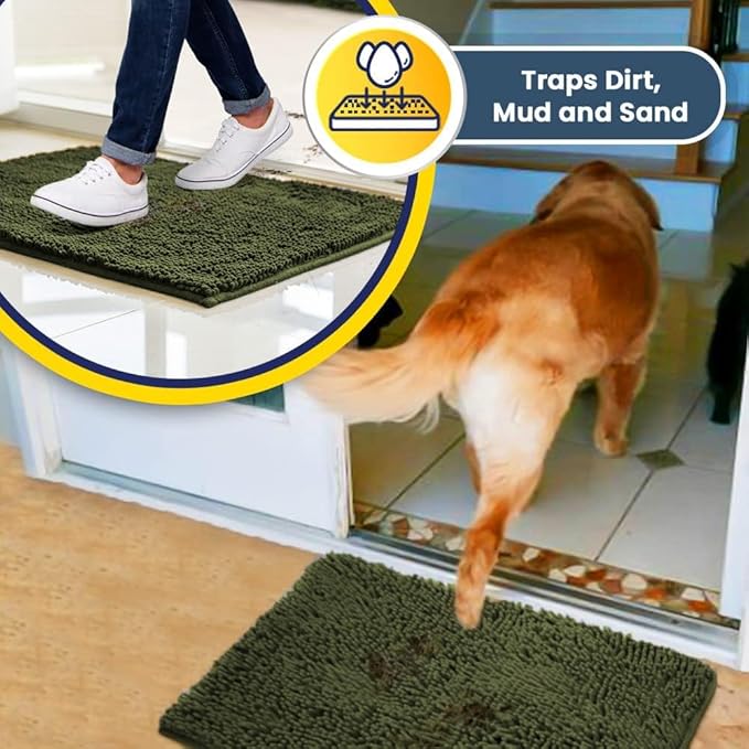 Muddy Mat® | Super Absorbent Door Mat Indoor, Microfiber Quick Dry Chenille Entryway Rug, Non-Slip Front Door Mat, Indoor Mats for Entryway, Machine Washable Pet Rug, Army Green 48"x60"