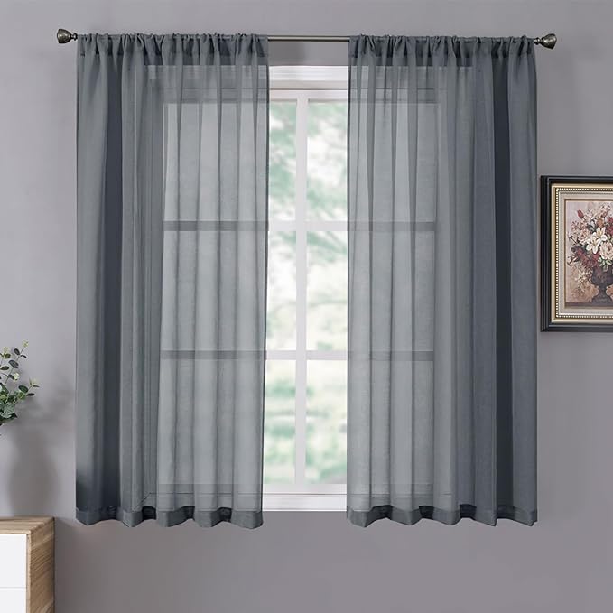 Tollpiz Short Sheer Curtains Linen Textured Bedroom Curtain Sheers Light Filtering Rod Pocket Voile Curtains for Living Room, 54 x 45 inches Long, Dark Grey, Set of 2 Panels
