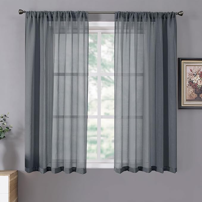 Tollpiz Short Sheer Curtains Linen Textured Living Room Curtain Sheers Light Filtering Rod Pocket Voile Curtains for Bedroom, 42 x 45 inches Long, Dark Grey, Set of 2 Panels