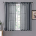 Tollpiz Short Sheer Curtains Living Room Linen Textured Curtain Sheers Light Filtering Voile Rod Pocket Curtains for Bedroom, 38 x 45 inches Long, Dark Grey, Set of 2 Panels