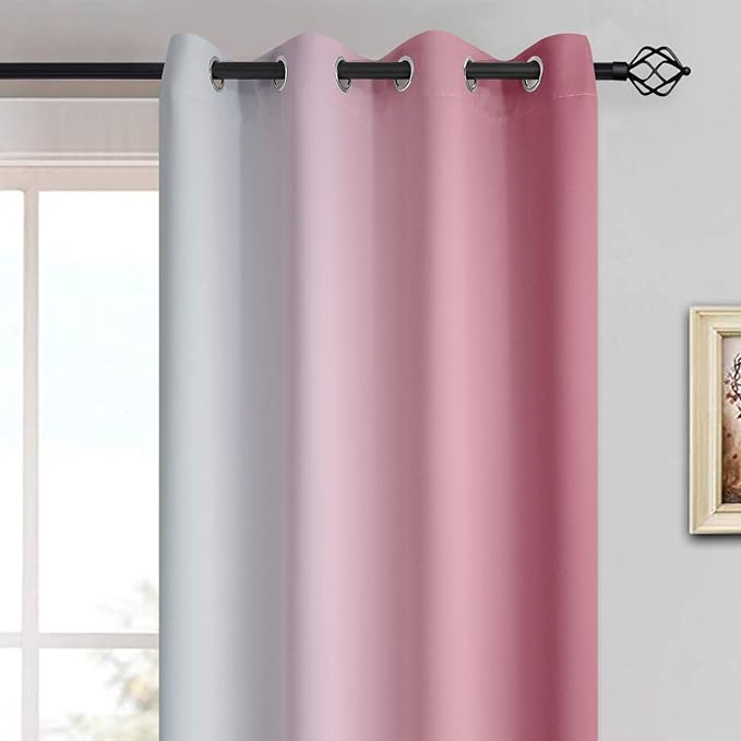 Yakamok 63 Inch Length Ombre Curtains, Thermal Insulated Grommet Window Drapes, Room Darkening Gradient Color Curtains for Girl's Bedroom (Pink and Greyish White, 52x63 Inch, Set of 2)