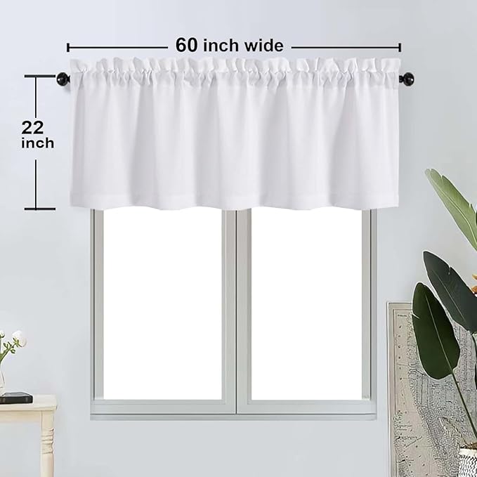 OWENIE Bob 1 PCS White Valances for Windows, Faux Linen Textured Kitchen Window Curtains Valance for Bedroom Living Room, Modern Soft Airy Solid Rod Pocket Bathroom Cafe Curtain, 60Wx22L Inch
