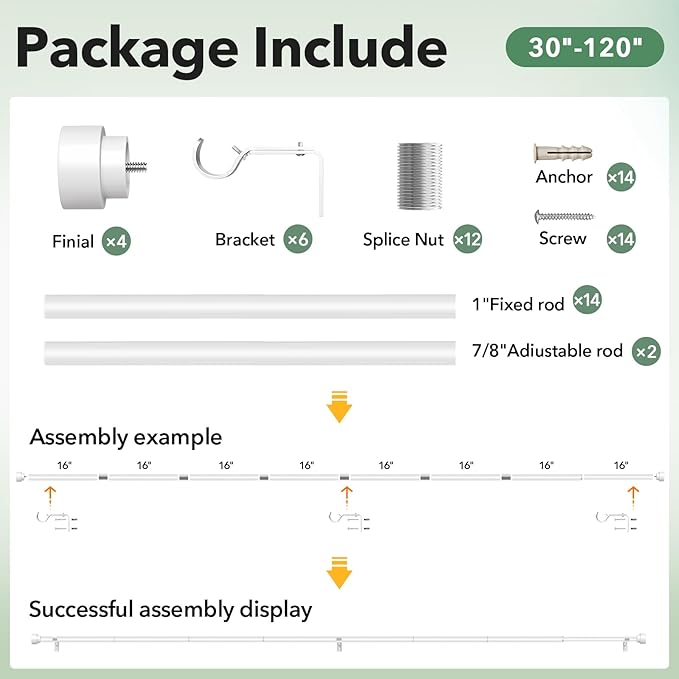IFELS 2 Pack Heavy Duty Curtain Rods for Windows 66 to 120 Inch, 1 Inch White Adjustable Curtain Rod Set with Easy Installation and Modern Design (A1,White,30-120",2Pack)