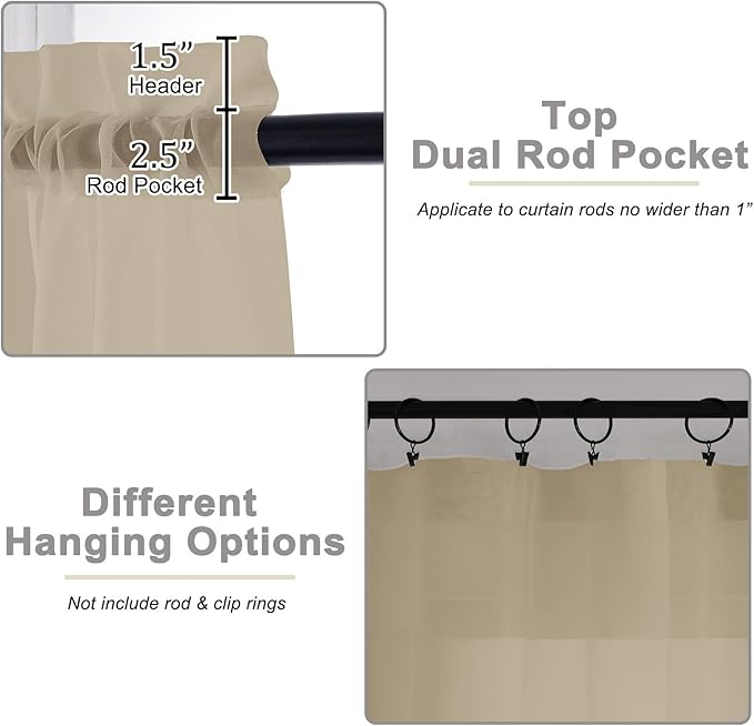 Extra Long Sheer Taupe Curtains for Bedroom Living Room 108 Inches Long 2 Panels Set, Solid Soft Light Filtering Rod Pocket Sheer Window Curtains, Taupe, Each 42" Wx108 L Inch