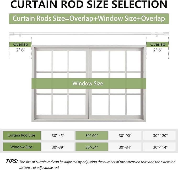 5/8” Diameter Curtain Rods 30-60 Inch, for 30-54 Inch Windows, Adjustable Splicing White Curtain Rods for Windows with Brackets, Window Rod Long Small Curtains Rod, 2 Pack