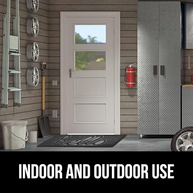 GORILLA GRIP 100% Waterproof All-Season WeatherMAX Doormat, US Designed Natural Rubber, Stain and Fade Resistant, Low Profile Indoor Outdoor Door Mats, Easy Clean Patio Mat, 29x17, Charcoal Hello