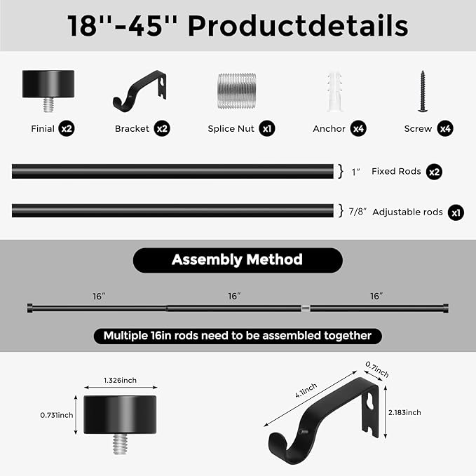 VOIIY Curtain Rods for Windows 18 to 42 Inch(1.5-3.75 Feet),Black 1'' Diameter Drapery Rods with End Cap Style Design,Modern Adjustable Heavy Duty Curtain Rod,Size:18''-42''