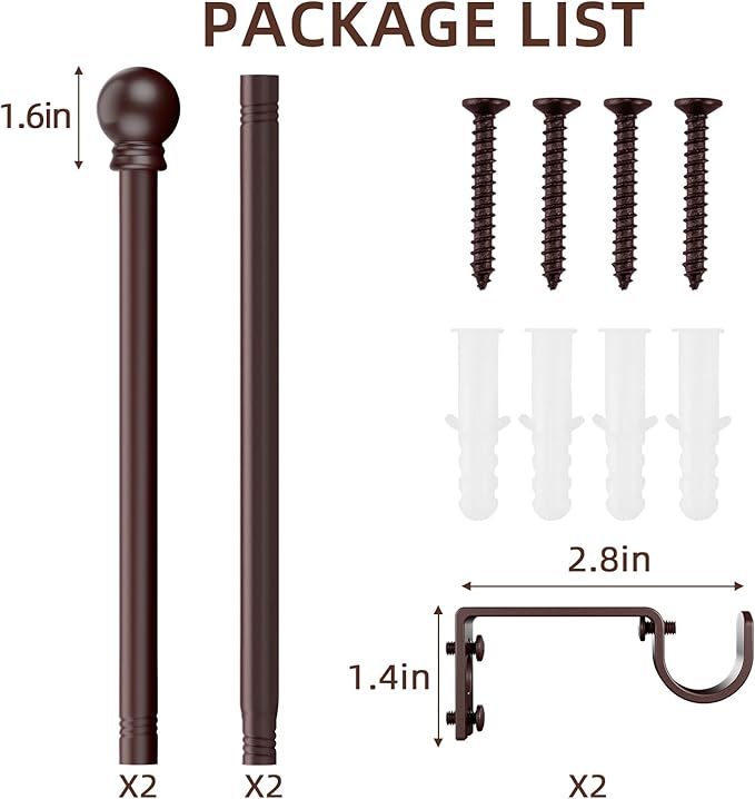 SMODBRODRE Curtain Rods for Window 32 to 62, Brown 5/8 inch Splicing Single Window Curtain Rod Set with Brackets