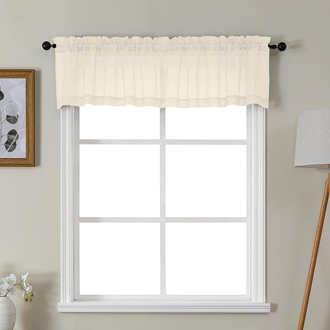 Gwine Cream Valances for Windows, Small Light Filtering Rod Pocket Cafe Valance Curtains, Soft Sheer Curtain for Bathroom Laundry Basement, 42Wx14L inch, 2 Pieces