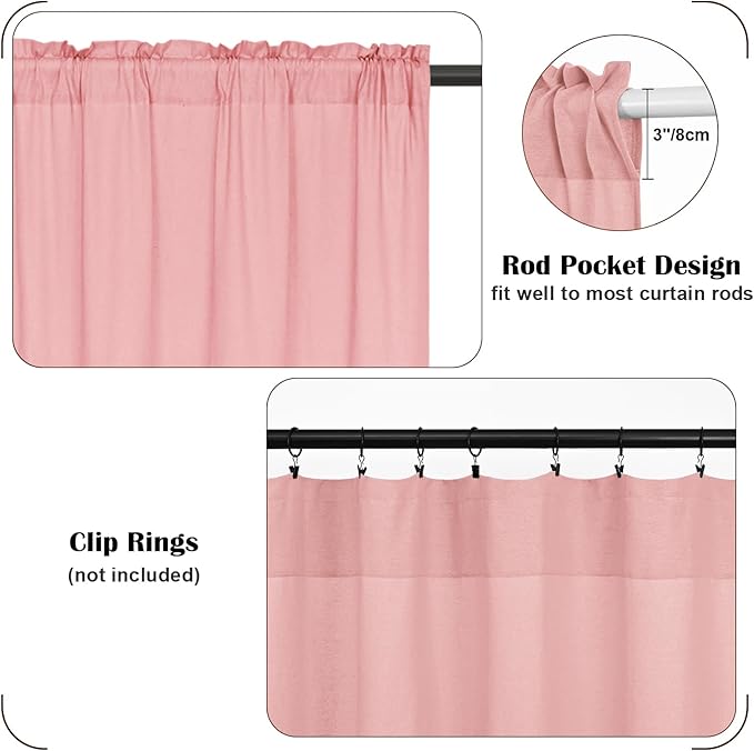 FRAMICS Farmhouse Valance Curtains, Boho Cotton Linen Kitchen Valance, Pink Rustic Button Window Valances for Kitchen Bathroom, Country Rod Pocket Valances for Window, Pink and White, 52 x 18 Inch