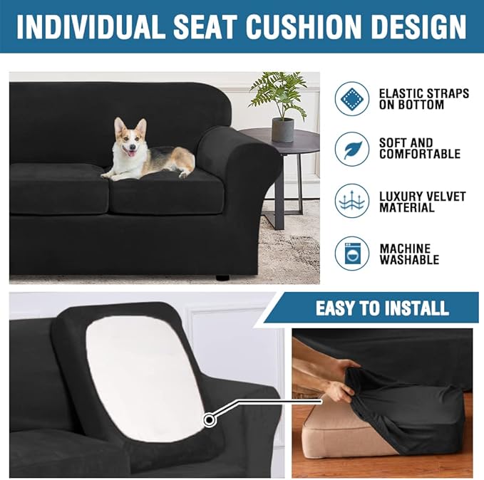 H.VERSAILTEX Real Velvet Plush 3 Piece Stretch Sofa Covers Couch Covers for 2 Cushion Couch Loveseat Covers Width Up to 72 Inch Feature Thick Soft Stay in Place (Medium Sofa, Black)