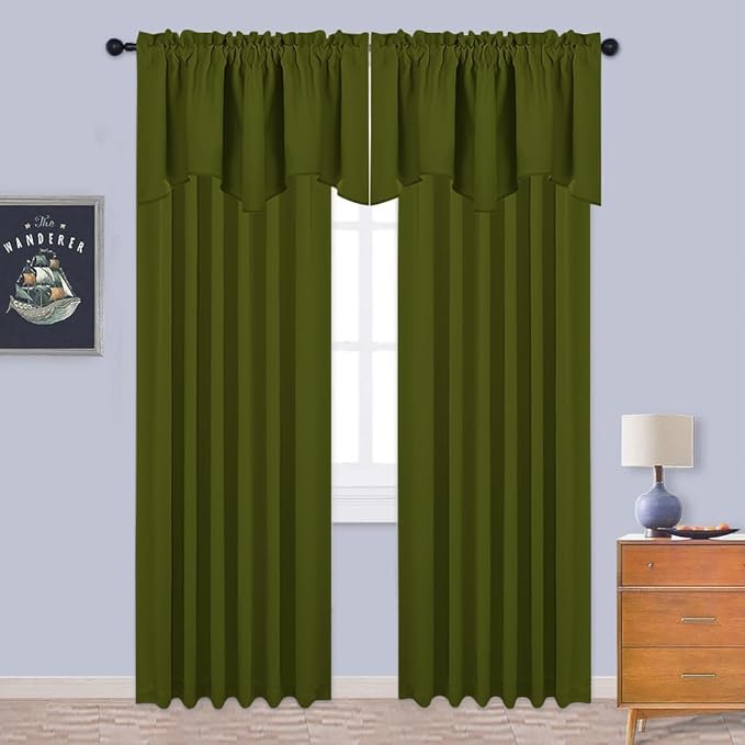 NICETOWN Window Valances for Kitchen - Small Short Decoration Solid 52 inches by 18 inches Rod Pocket Tiers Valances for Kids Bedroom/Bedroom/Living Room/Bar Window/Christmas (Olive Green, Set of 2)