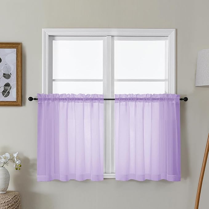 Gwine Lilac Sheer Curtain Tiers 24 Inch Length, Light Filtering Voile Short Curtain for Living Room Bedroom, Rod Pocket Cafe Curtains for Small Windows 42x24 Inch, 2PCS