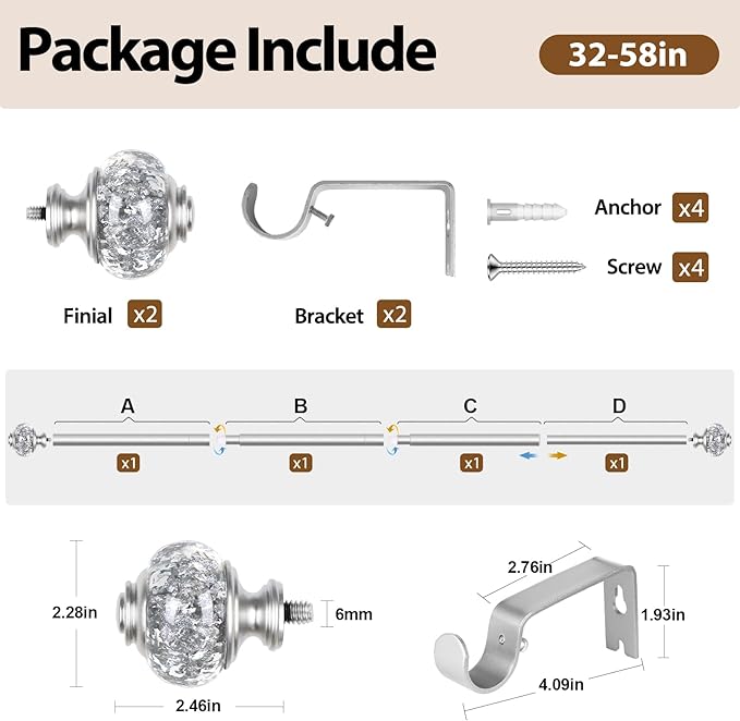 Curtain Rod 32 to 58 Inches (2.6-4.8ft), USFOOK 7/8 inch Telescoping Splicing Curtain rods for Windows 20 to 54 inches, Silver Decorative Drapery Rods for Home with Translucent Finials