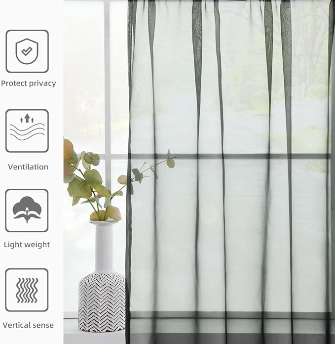 youleyar Solid Sheer Rod Pocket Curtain Voile Draperies 2 Panels White Beige Black Ivory Coffee 26 Inch Width 30 Inch Long 1 Pair for Kitchen Bedroom Children Living Room Yard(Black,26Wｘ30L)