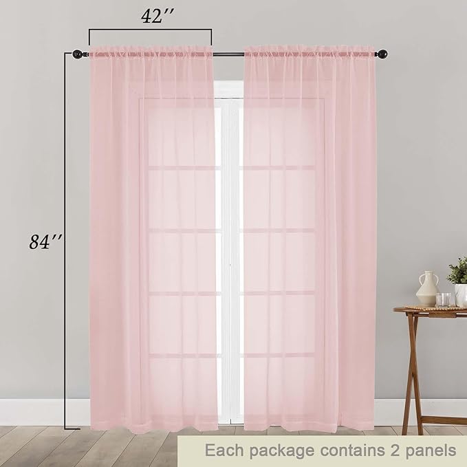 Blush Sheer Curtains 84 Inches Long 2 Panels, Soft Airy Light Filtering Curtains for Bedroom Living Room, Modern Rod Pocket Privacy Drapes Window Treatments, Blush, Total Wide 84 Inch