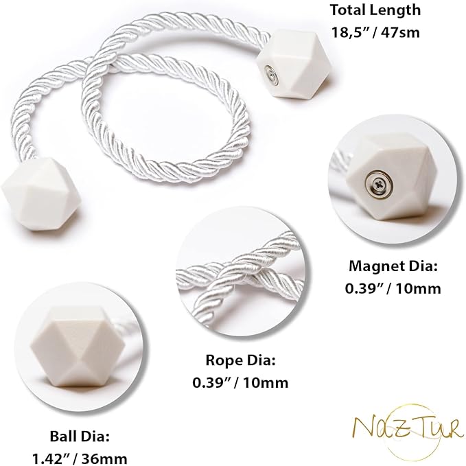 NazTur Magnetic Curtain Tiebacks- Upgrade 2022 with a Thicker Twist Rope & Strong Magnet Tieback Window Treatment Holdbacks Draperies Holders Decorative Drape Handmade Tie Back (White, 4)