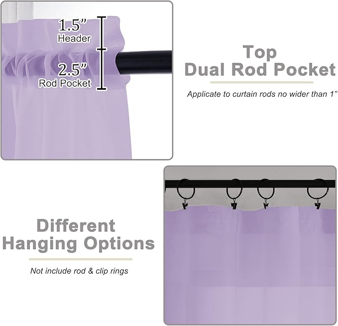 Lavender Valances for Windows, Lavender Sheer Curtains 14 Inch Length 2 Pack Kitchen Drapes, Modern Solid Mini Small Window Curtains for Cafe Bathroom Basement, 42" Wx14 L Inches