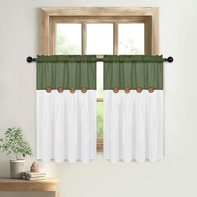 FRAMICS Farmhosue Kitchen Curtains 36 Inch Length, Rustic Cotton Linen Tier Curtains, Boho Button Short Curtain for Windows, Rod Pocket Small Window Curtain, Olive Green and White, 26x36