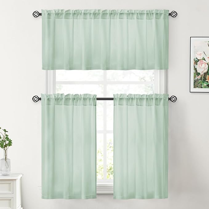 HOMEIDEAS Non-See-Through Sage Green Privacy Sheer Curtains, 30 X 24 Inches Long 2 Panels Sheer Curtains Light Filtering Window Drapes for Bedroom Living Room