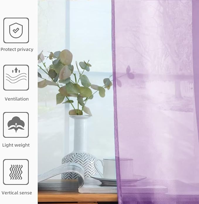 youleyar Solid Sheer Rod Pocket Curtain Voile Draperies 2 Panels White Beige Black Ivory Coffee 26 Inch Width 24 Inch Long 1 Pair for Kitchen Bedroom Children Living Room Yard(Lavender,26W x 24L)