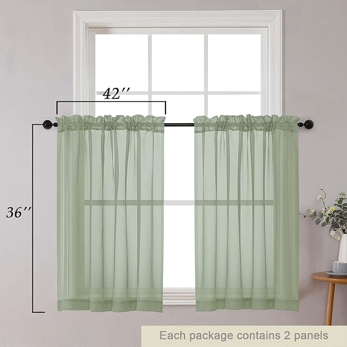 Cafe Curtains 36 Inch Length Tier 2 Pieces, Modern Soft Airy Sheer Kitchen Short Curtains for Small Window, Rod Pocket Small Curtain for Bathroom Basement, Sage Green, Each, 42"Wx36"L Inches