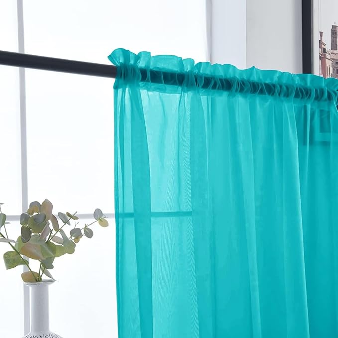 SpaceDresser Sheer Voile Window Treatment Rod Pocket Curtain Panels for Kitchen Bedroom Living Room Drapes Sunlight Filtering Privacy Semi Home Decor Assorted (Peacock Blue, 52 W x 96 L)