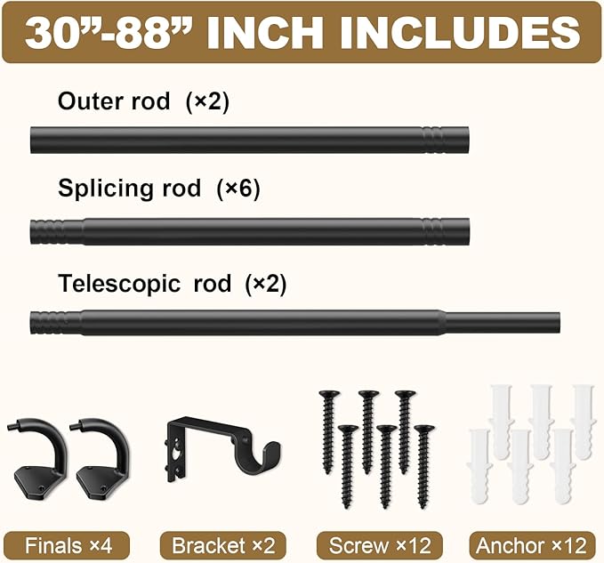 GXOACKJ Black Wrap Around Curtain Rods for Windows 48 to 84 inch,2 Pack 5/8 inch Industrial Telescoping Curtain Rod, Blackout Rods for Bedroom & Outdoor, Adjustable from 30 to 88 Inches