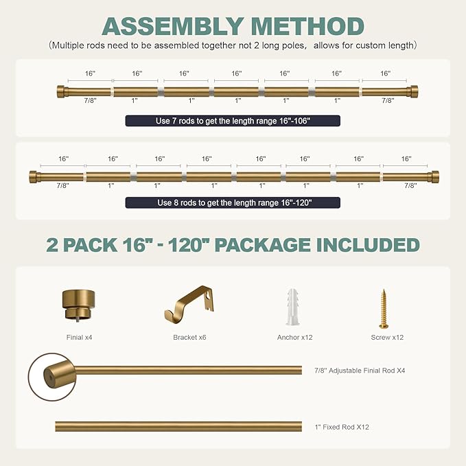 Lootkell 2 Pack Warm Gold Curtain Rods for Windows 66 to 120 Adjustable Length Heavy Duty 1" Diameter Brass Window Rod with Solid Metal Finials for Outdoor Farmhouse Bedroom Kitchen Living Room