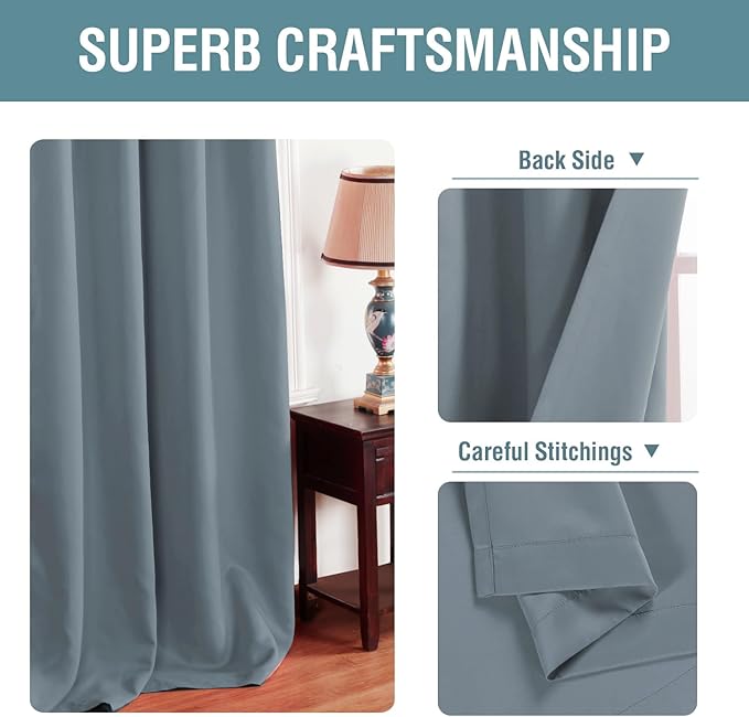 H.VERSAILTEX Blackout Curtain for Living Room Small Window Kitchen Blackout Curtains 45 inch Length Energy Saving Solid Grommet Blackout Drape, One Panel Stone Blue, 52" W x 45" L