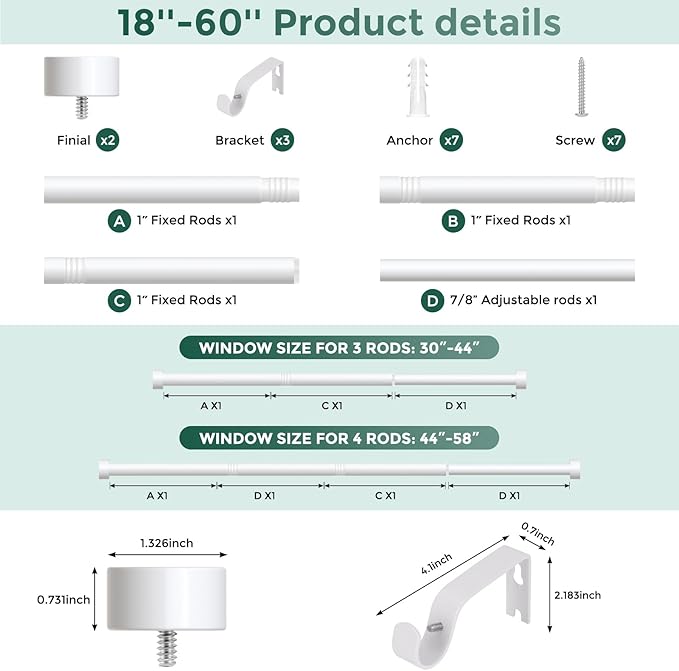 VOIIY White Curtain Rods for Windows 28 to 48 Inch(1.5-5 Feet),1" Diameter Drapery Rods with Modern Style End Cap Finials,Size:30''-60''