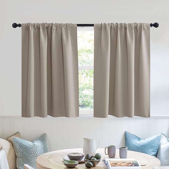 RYB HOME Blackout Privacy Bathroom Window Curtains, Short Thermal Insulated Heat Blocking Privacy Rod Pocket Half Window Curtain Tiers for Nursery Bedroom, Width 42 by Length 30, Sand, 2 Panels