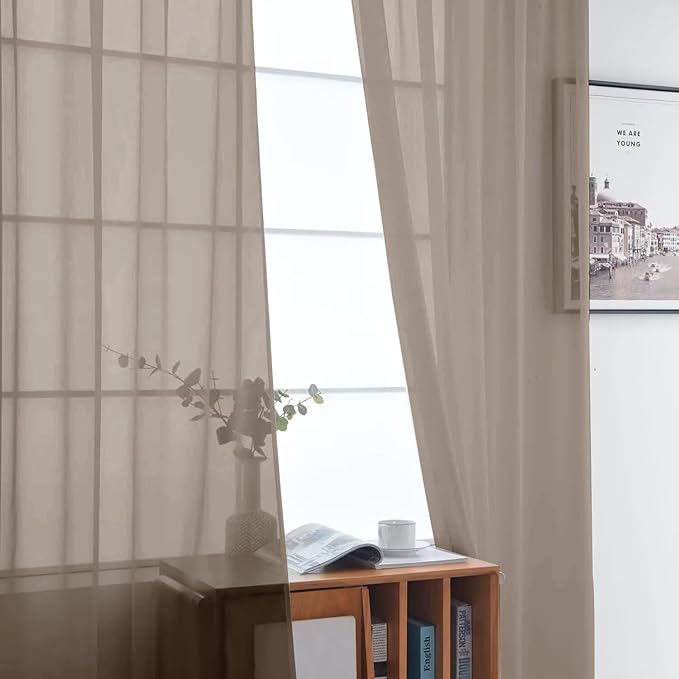 SpaceDresser Basic Rod Pocket Sheer Voile Window Curtain Panels Taupe 1 Pair 2 Panels 52 Width 96 Inch Long for Kitchen Bedroom Children Living Room Yard（Taupe, 52W x 96L）