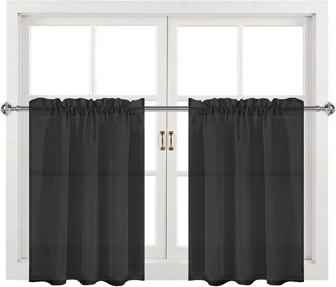 DWCN Sheer Curtains Semi Transparent Voile Rod Pocket Curtains for Bedroom and Living Room, Black, 42 x 36 inches Long, Set of 2 Panels